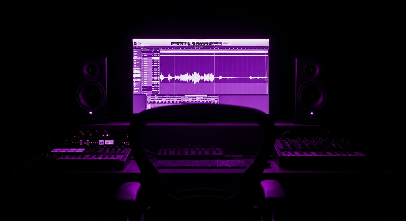 Dark music production studio with purple monitor glow